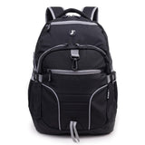 J World New York Atom Laptop Backpack – Ergonomic Backpack for School with Air Mesh Padded Shoulder Straps – 600D Polyester Work Backpack for Men and Women – Stylish Design (BLACK)