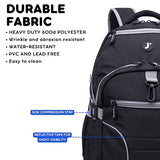 J World New York Atom Laptop Backpack – Ergonomic Backpack for School with Air Mesh Padded Shoulder Straps – 600D Polyester Work Backpack for Men and Women – Stylish Design (BLACK)