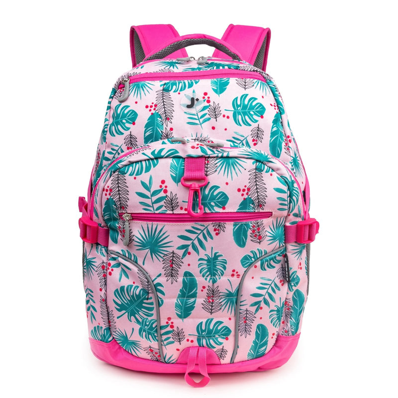 J World New York Atom Laptop Backpack – Ergonomic Backpack for School with Air Mesh Padded Shoulder Straps – 600D Polyester Work Backpack for Men and Women – Stylish Design (PALM LEAVES)