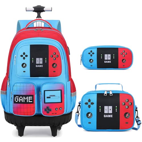 Jafeton Rolling Backpack for Boys, 3 PCS Gamer Boy Backpack Set with Lunch Box & Pencil Pouch, Roller Wheels School bag for Boys Kids | Backpacks4Less