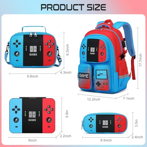 Jafeton School Backpack for Boys, 4 PCS Gamer Boy Backpack Set with Bento Box, Lunch Box & Pencil Pouch, Waterproof Schoolbag for Boys Kids Teens, Elementary Middle School, Kid Bookbag Casual Daypack
