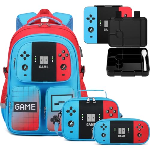 Jafeton School Backpack for Boys, 4 PCS Gamer Boy Backpack Set with Bento Box, Lunch Box & Pencil Pouch, Waterproof Schoolbag for Boys | Backpacks4Less