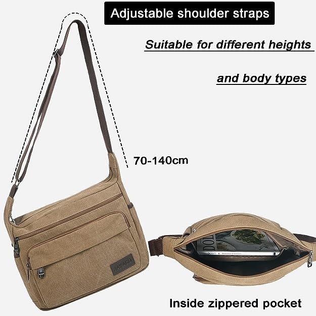 JAKAGO 15" Canvas Messenger Bag Multi Pockets Shoulder Bag Crossbody Bag for Outdoor Camping Laptop bag for Work (Coffee)