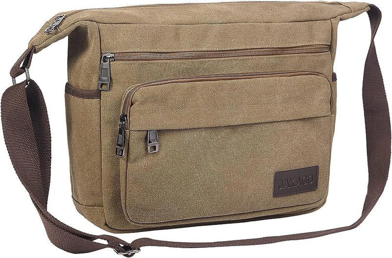 JAKAGO 15" Canvas Messenger Bag Multi Pockets Shoulder Bag Crossbody Bag for Outdoor Camping Laptop bag for Work (Coffee)