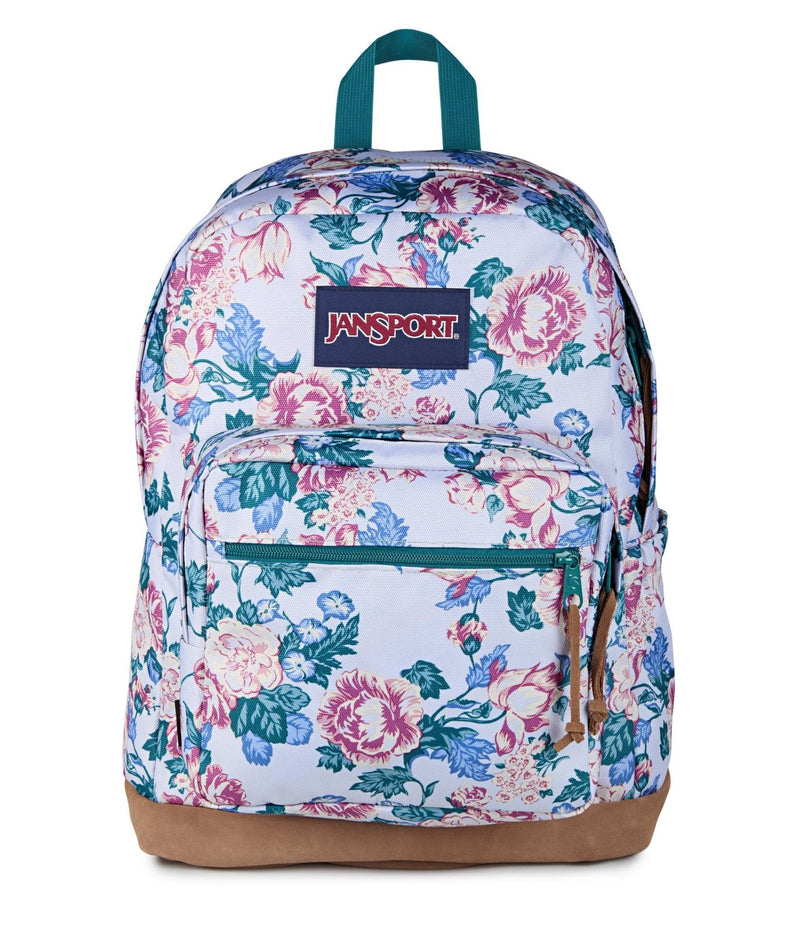 JanSport Right Pack Backpack - Durable Daypack with Padded 15" Laptop Sleeve, Spacious Main Compartment & Integrated Water Bottle Pocket - Rustic Roses Moon Flower/Blu/Pnk/Grn