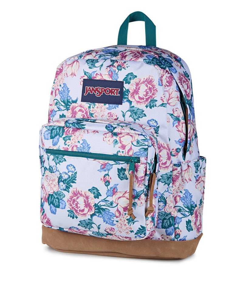 JanSport Right Pack Backpack - Durable Daypack with Padded 15" Laptop Sleeve, Spacious Main Compartment & Integrated Water Bottle Pocket - Rustic Roses Moon Flower/Blu/Pnk/Grn