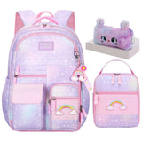 Jcobvig 3Pcs Kids Backpack For Girls,Cute Rainbow Student School Backpack With Lunch Bag Pen Bag Set (Purple Medium 16.5in