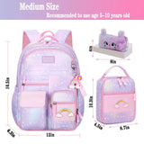 Jcobvig 3Pcs Kids Backpack For Girls,Cute Rainbow Student School Backpack With Lunch Bag Pen Bag Set (Purple Medium 16.5in