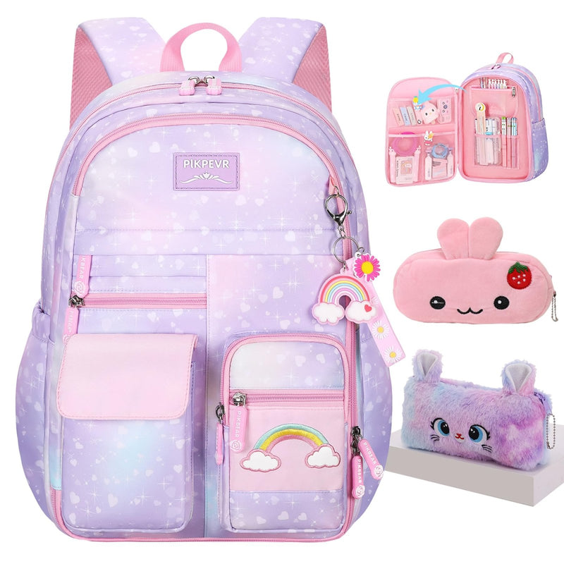 Jcobvig Kawaii Backpack For Girls Kids,Cute Student School Backpack With Pen Bag,Purple Aesthetic Starry Rainbow Laptop Travel Bag (Purple Medium 16.5in