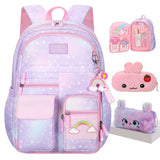 Jcobvig Kawaii Backpack For Girls Kids,Cute Student School Backpack With Pen Bag,Purple Aesthetic Starry Rainbow Laptop Travel Bag (Purple Medium 16.5in