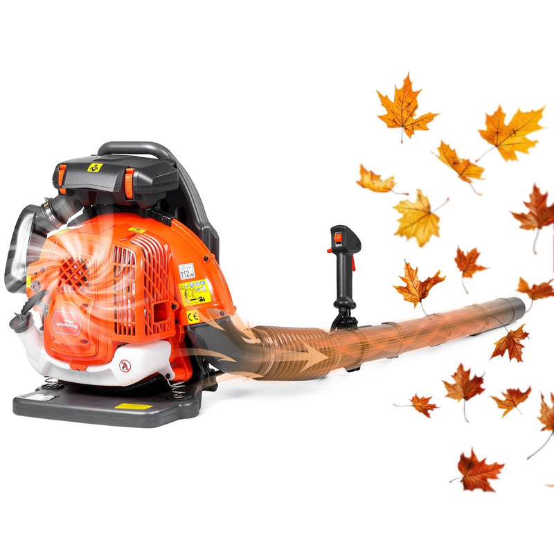 JellyMoving Upgraded 65CC 2 - Stroke 850CFM 230MPH Backpack Leaf Blower Gas Powered, 2 - Stage Air Filter, Cruise Control, Ergonomic Harness, 4.3HP Powerful Gas Leaf Blower for Lawn Care Snow Blowing