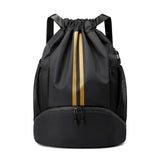 JELUTAR Drawstring Backpack Gym Bag with Shoes Compartment for Soccer, Basketball, Swim, Water-Resistant String Backpack Beach Cinch for Women Men, Black Gold