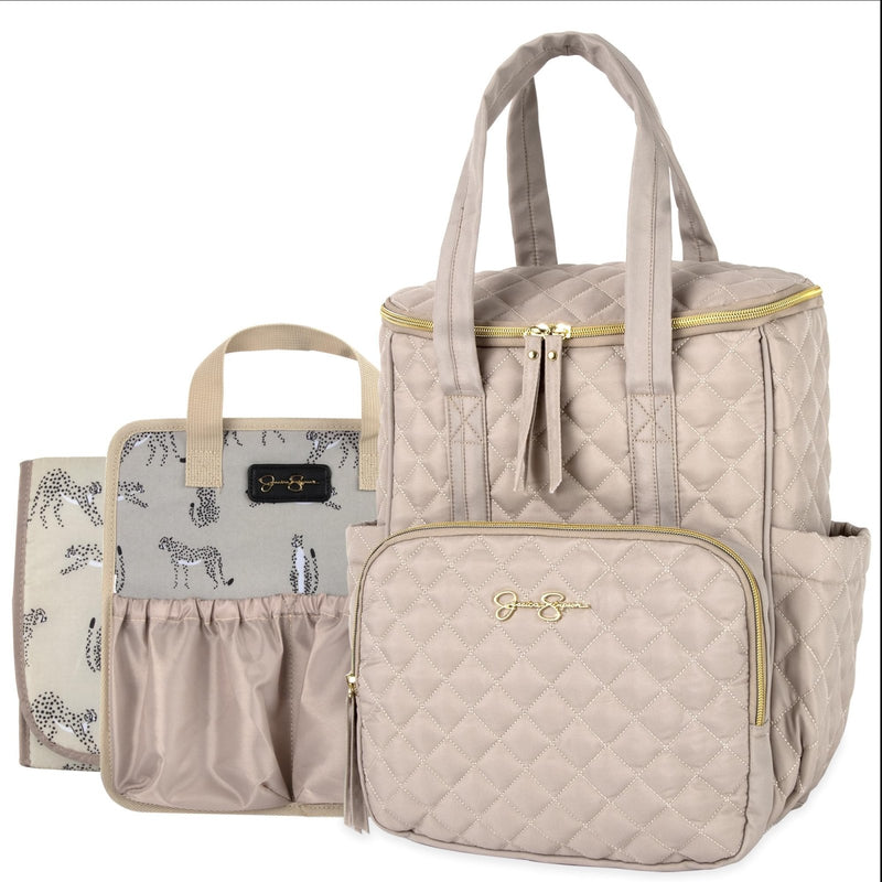 Jessica Simpson Quilted Diaper Bag Backpack with Insulated Pockets, Portable Changing Pad, Stroller Straps, Organizer Insert 3 Pc. Set (Khaki)