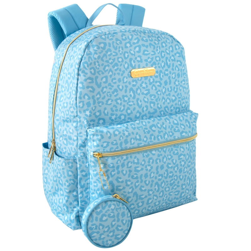 Jessica Simpson Women’s Computer Backpack with Lunch Box, Side Pockets, Coin Purse Keychain | 3 Piece Laptop Backpack with Lunch Bag Set (Bold Blue Cheetah)