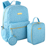 Jessica Simpson Women’s Computer Backpack with Lunch Box, Side Pockets, Coin Purse Keychain | 3 Piece Laptop Backpack with Lunch Bag Set (Bold Blue Cheetah)