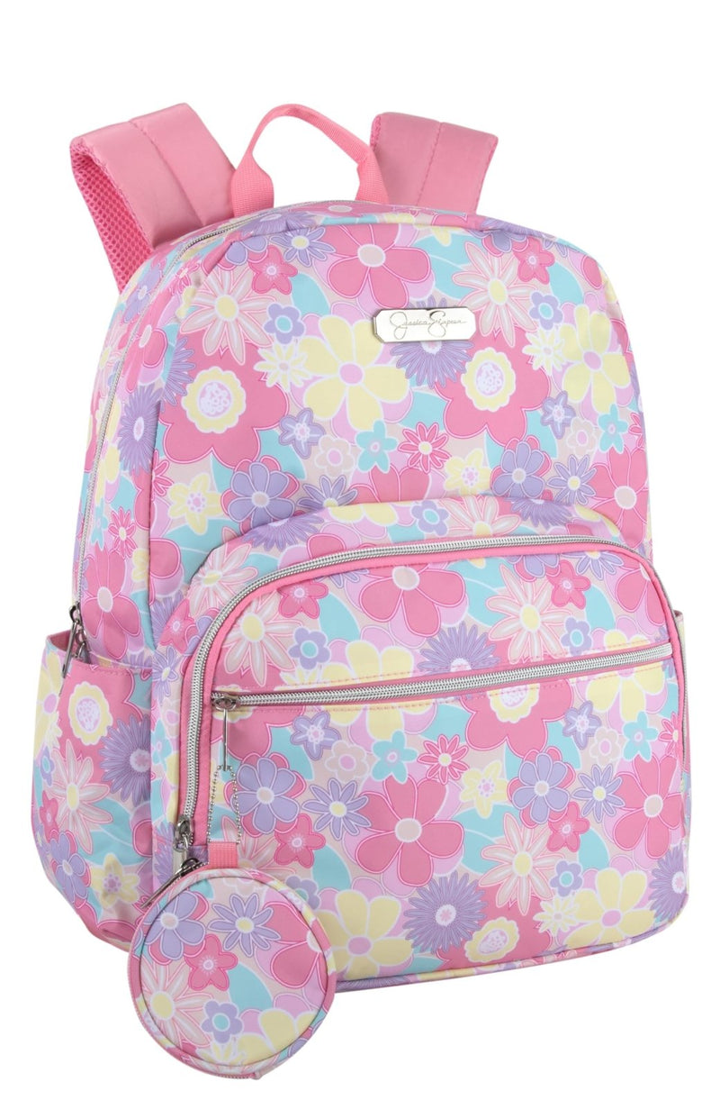 Jessica Simpson Women’s Designer Laptop Backpack with Side Pockets, Wallet | 2 Piece Backpack Change Purse Set for Women (Pink Flower Bloom)