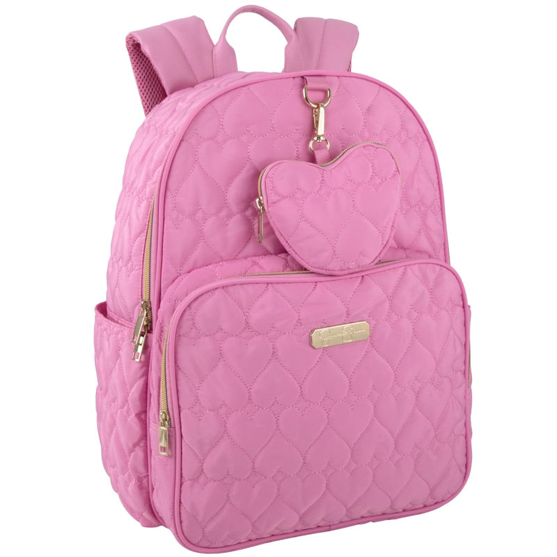 Jessica Simpson Women’s Designer Laptop Backpack with Side Pockets, Wallet | 2 Piece Backpack Change Purse Set for Women (Quilted Pink Hearts)