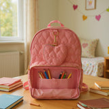 Jessica Simpson Women’s Designer Laptop Backpack with Side Pockets, Wallet | 2 Piece Backpack Change Purse Set for Women (Quilted Pink Hearts)