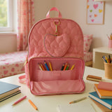 Jessica Simpson Women’s Designer Laptop Backpack with Side Pockets, Wallet | 2 Piece Backpack Change Purse Set for Women (Quilted Pink Hearts)