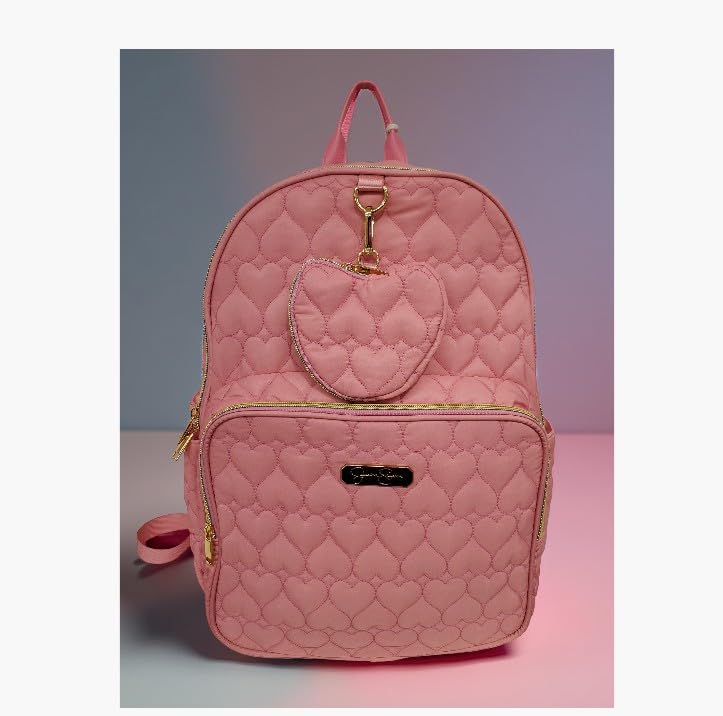 Jessica Simpson Women’s Designer Laptop Backpack with Side Pockets, Wallet | 2 Piece Backpack Change Purse Set for Women (Quilted Pink Hearts)