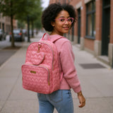 Jessica Simpson Women’s Designer Laptop Backpack with Side Pockets, Wallet | 2 Piece Backpack Change Purse Set for Women (Quilted Pink Hearts)