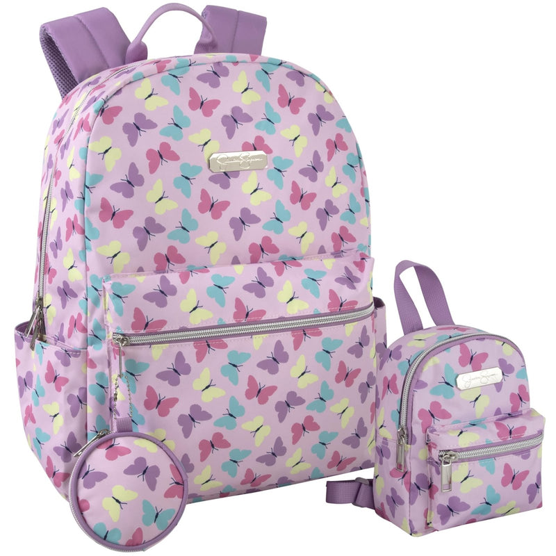 Jessica Simpson Women’s Designer Laptop Backpack with Side Pockets, Wallet | 3 Piece Backpack Change Purse Set for Women (Bright Pastel Butterflies)