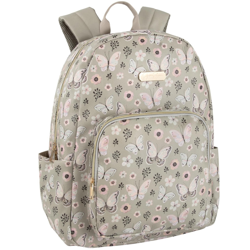 Jessica Simpson Women’s Waterproof Laptop Travel Backpack with Side Water Bottle Pockets for College, Commuting, Work (Beige & Pink Butterflies)