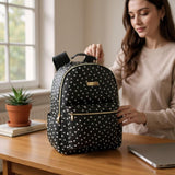 Jessica Simpson Women’s Waterproof Laptop Travel Backpack with Side Water Bottle Pockets for College, Commuting, Work (Black & White Hearts)