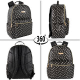 Jessica Simpson Women’s Waterproof Laptop Travel Backpack with Side Water Bottle Pockets for College, Commuting, Work (Black & White Hearts)