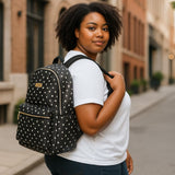 Jessica Simpson Women’s Waterproof Laptop Travel Backpack with Side Water Bottle Pockets for College, Commuting, Work (Black & White Hearts)