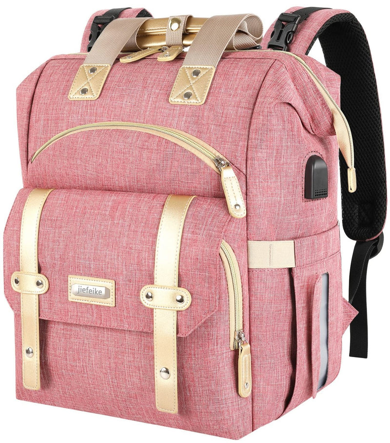Jiefeike Diaper Bag Backpack, Pink Baby Girls Diaper Bag for Mom, Travel Baby Bags Backpack for Women, Insulated Pockets Portable toddler diaper bag with USB Charging Port, RFID Anti - Theft Pocket
