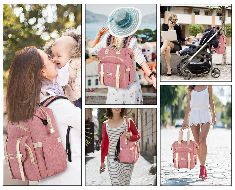 Jiefeike Diaper Bag Backpack, Pink Baby Girls Diaper Bag for Mom, Travel Baby Bags Backpack for Women, Insulated Pockets Portable toddler diaper bag with USB Charging Port, RFID Anti - Theft Pocket