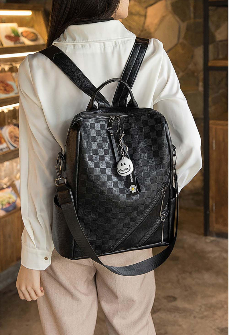 JohnMojie Checkerboard Daypack Backpack for Women, Women's Commuting PU Backpack Leisure Bag