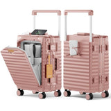 Joyway 20 Inch Carry on Luggage with Aluminium Frame and Front Pocket, PC Hardshell Suitcase with USB Port and Cup Holder, 21.5x14.2x9 Airline Approved, Luggage with Spinner Wheel TSA Lock(Rose Gold)