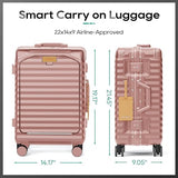 Joyway 20 Inch Carry on Luggage with Aluminium Frame and Front Pocket, PC Hardshell Suitcase with USB Port and Cup Holder, 21.5x14.2x9 Airline Approved, Luggage with Spinner Wheel TSA Lock(Rose Gold)