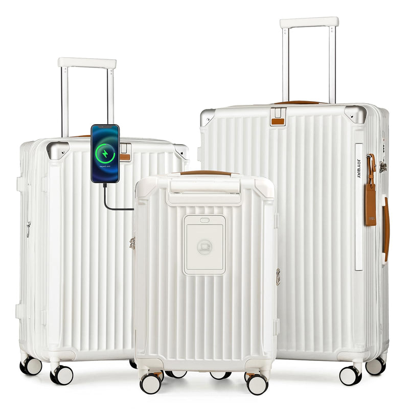 Joyway 3 Piece Set Hardside Expandable Luggage with USB Charging Port and Cup Holder, TSA Lock Spinner Wheels Suitcase for International Travel, Lightweight Carry On Checked Baggage, White