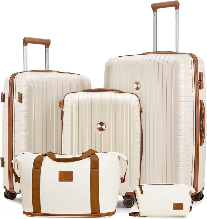 Joyway Luggage Sets 5 Piece PP Hardshell Carry on Suitcase, Travel Lightweight Carry - on with Double Spinner Wheels and TSA Lock, Beige Brown
