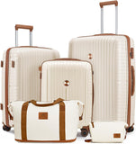 Joyway Luggage Sets 5 Piece PP Hardshell Carry on Suitcase, Travel Lightweight Carry - on with Double Spinner Wheels and TSA Lock, Beige Brown