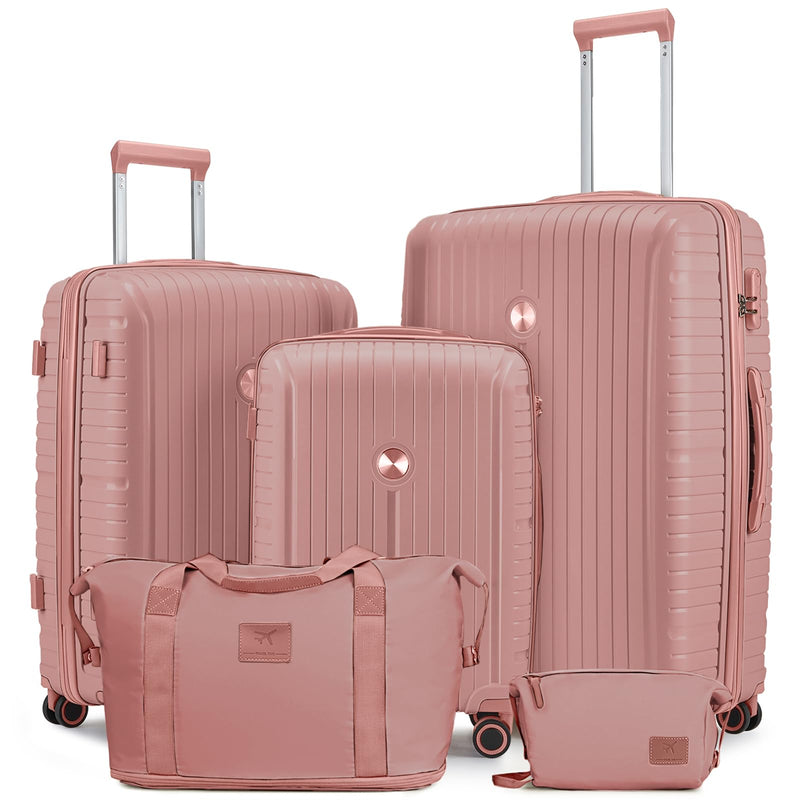 Joyway Luggage Sets 5 Piece PP Hardshell Carry on Suitcase, Travel Lightweight Carry - on with Double Spinner Wheels and TSA Lock, Rose Gold