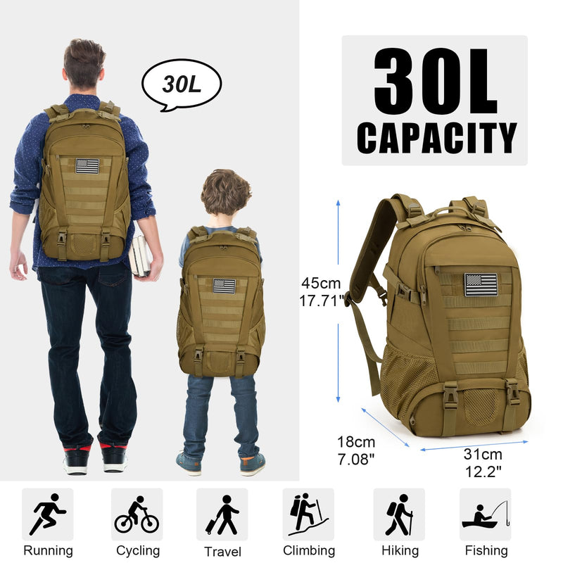 Jueachy Tactical Backpack for Men Hiking Day Pack Molle Military Rucksack Waterproof 30L EDC Bag with USA Flag Patch TAN Style