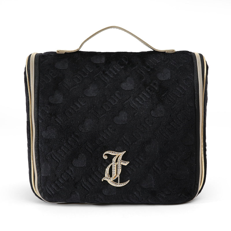 Juicy Couture Black Makeup Bag Cosmetics Organizer Travel Essentials Hanging Hook Heart Velour