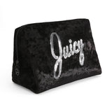 Juicy Couture Black Makeup Bag Cosmetics Organizer Travel Essentials Zip Top Wedge Crushed Velvet Sequin Logo