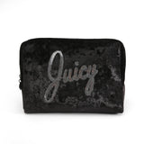 Juicy Couture Black Makeup Bag Cosmetics Organizer Travel Essentials Zip Top Wedge Crushed Velvet Sequin Logo