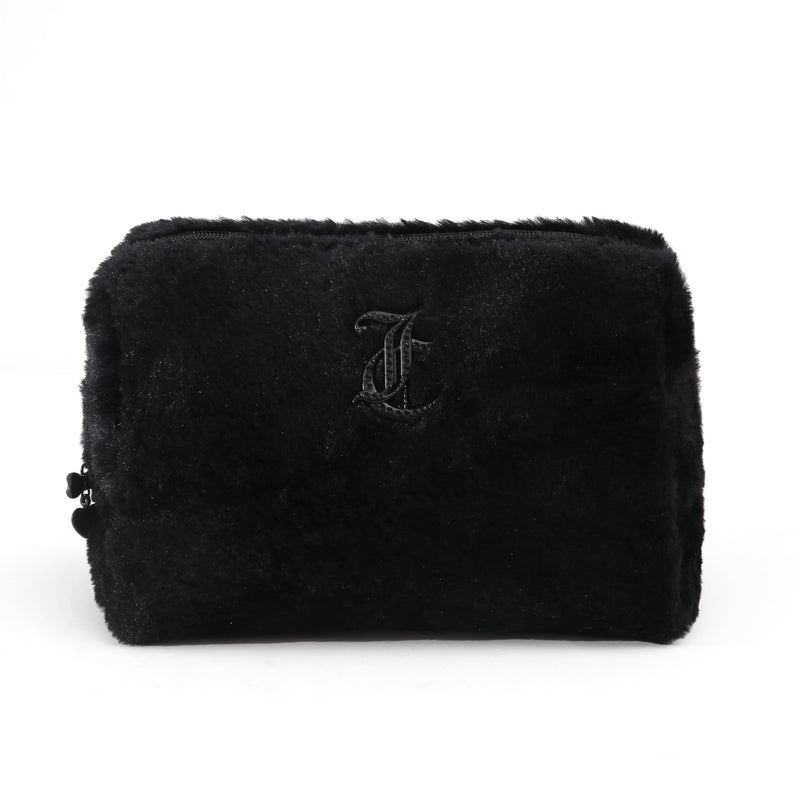 Juicy Couture Black Makeup Bag Cosmetics Organizer Travel Essentials Zip Top Wedge Faux Fur Rhinestone