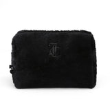 Juicy Couture Black Makeup Bag Cosmetics Organizer Travel Essentials Zip Top Wedge Faux Fur Rhinestone