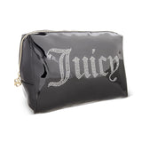 Juicy Couture Black Makeup Bag Cosmetics Organizer Travel Essentials Zip Top Wedge Shiny Patent Rhinestones