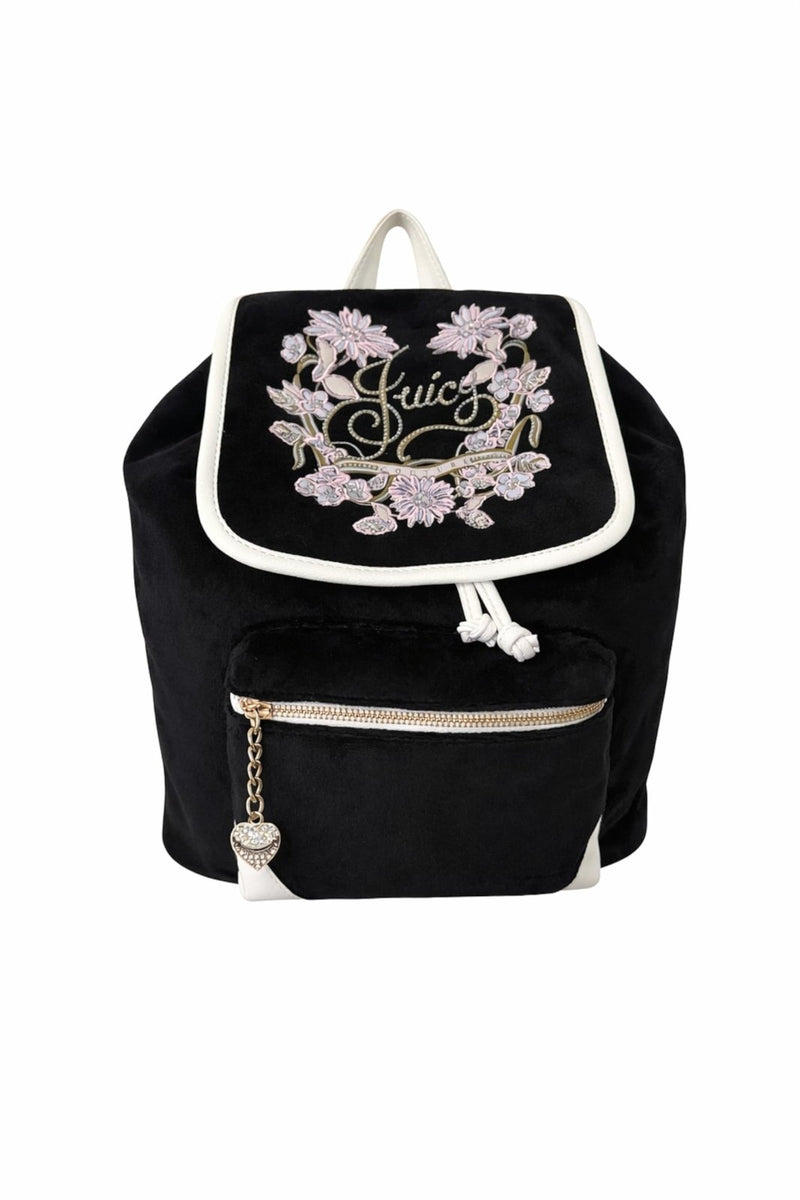 Juicy Couture Falling For Juicy Velour Backpack, Drawstring Flap Closure, Adjustable Straps, 11x11x7 inches (Midnight Blossom)
