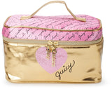 Juicy Couture Gold Pink Makeup Bag Cosmetics Organizer Travel Essentials Train Case Shiny Heart