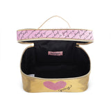 Juicy Couture Gold Pink Makeup Bag Cosmetics Organizer Travel Essentials Train Case Shiny Heart