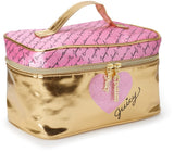 Juicy Couture Gold Pink Makeup Bag Cosmetics Organizer Travel Essentials Train Case Shiny Heart
